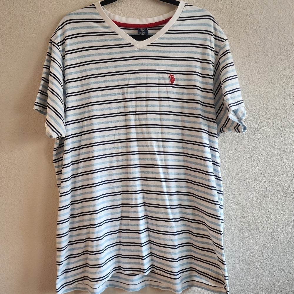 U.S. Polo Assn. Mens V-Neck T-Shirt Short Sleeve Embroidered Logo Striped Sz XL